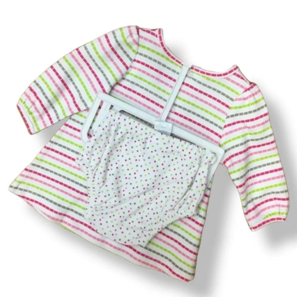 Nursery Rhyme Girls Dress Sz 0-3 Mo Elephant Bird Pink Green Stripe Bloomers NEW